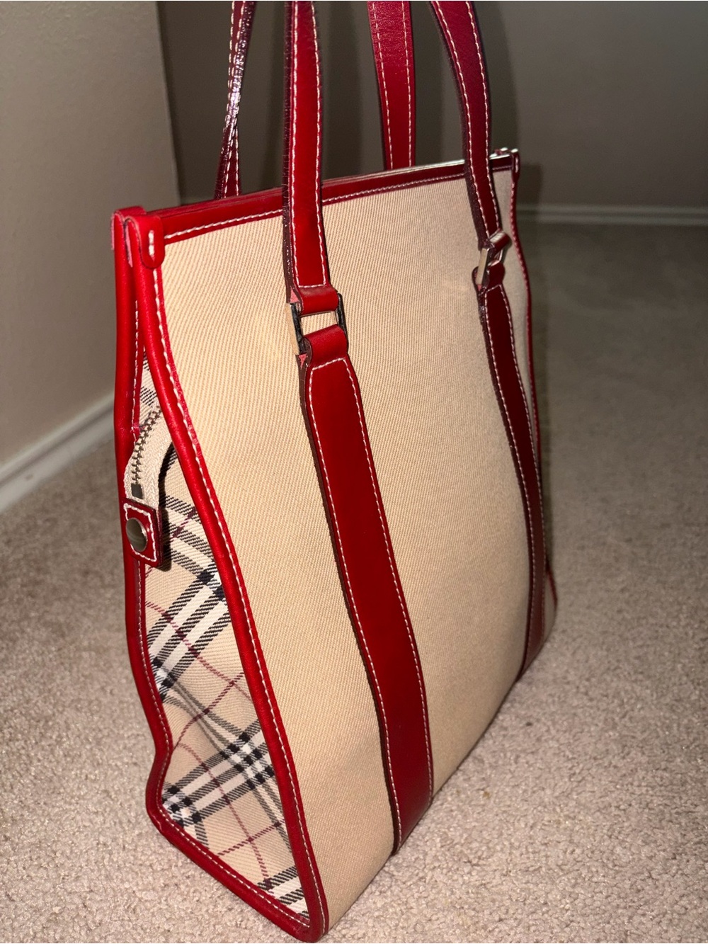 Authentic Burberry Blue Label Canvas Tote Bag with Red Trim (COA ATTACHED) - Picture 2 of 11